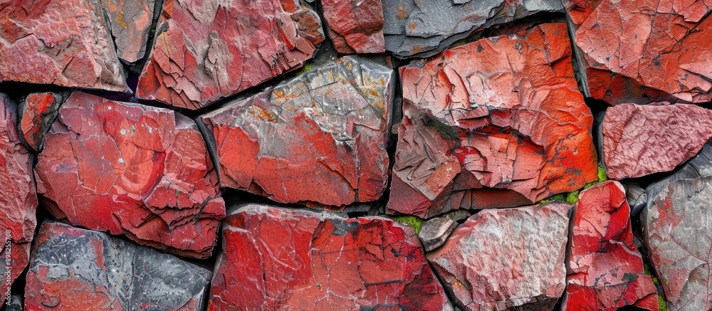 Aufkleber Close up view of a red stone wall with a textured surface perfect as a copy space image