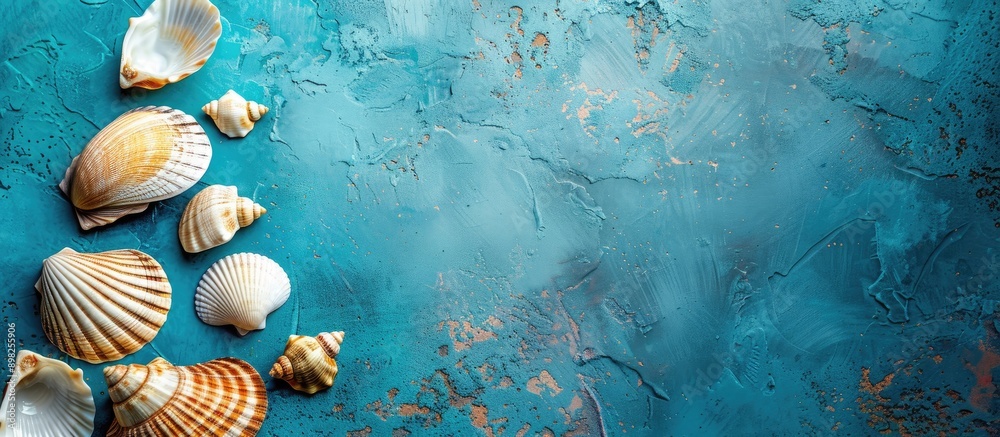 Poster Abstract top view composition featuring seashells against a textured blue background with copy space image
