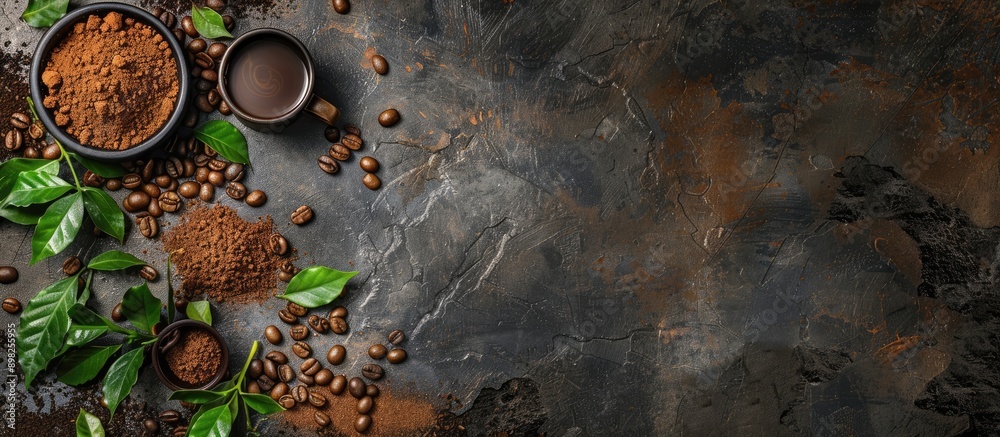 Poster top view of a coffee cup beans and ground powder on a stone background with copy space image