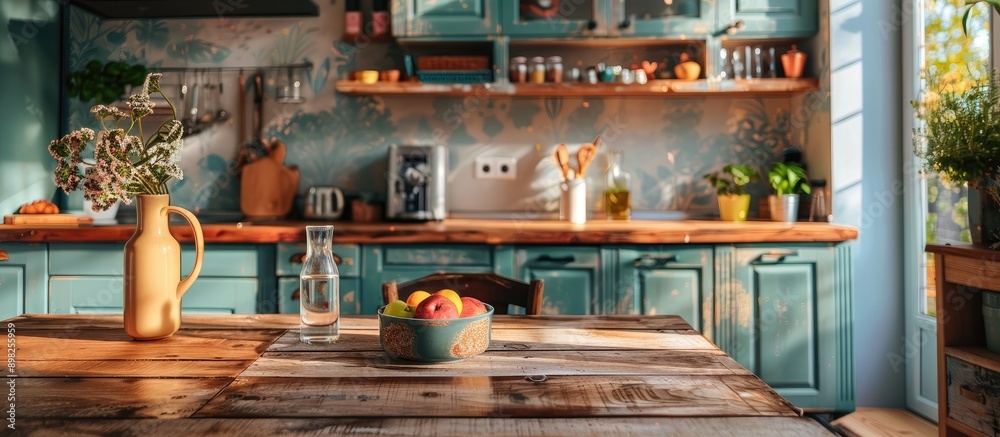 Fototapete an asian kitchen setting with a wooden table as a backdrop for featuring products or designs emphasi