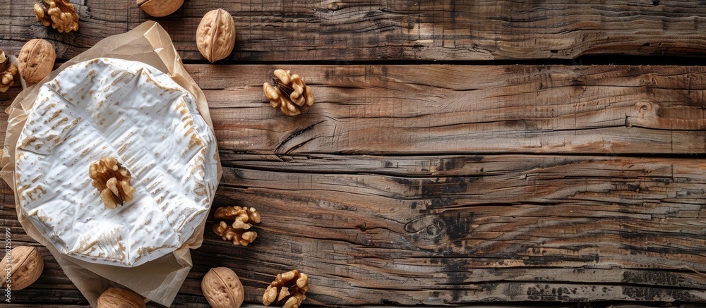 Poster Top down view of Camembert or Brie cheese wrapped in paper with walnuts on a wooden surface for background allowing for copy space image