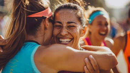 Close-Up of Runners Embracing and Celebrating After Marathon Finish Line