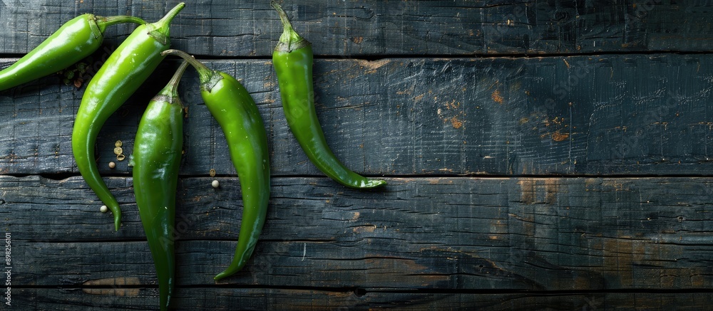 Poster close up macro shot of three green chili peppers on a dark wooden surface with copy space image