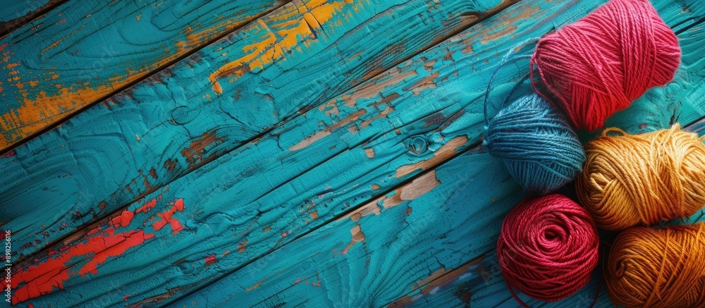 Poster colorful threads used for decoration on a vibrant wooden backdrop perfect for a copy space image
