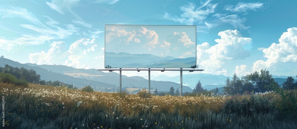 Aufkleber billboard mockup with a white screen set against a scenic natural background with blue sky ideal for