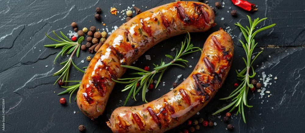 Poster Top view of a baked pork sausage garnished with rosemary and assorted spices with free copy space in the image