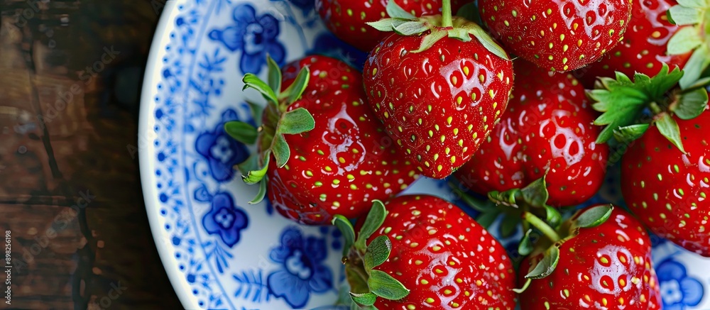 Poster close up of ripe strawberries on a plate with available copy space image