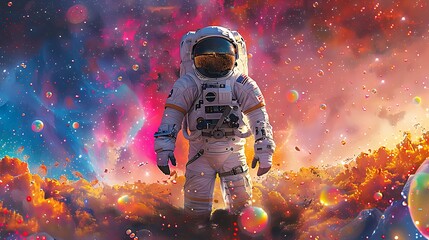 Fototapeta premium An astronaut standing in a colorful nebula with bubbles floating around.
