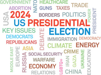 Presidential election november 2024. Word cloud showing democrats and republicans political key issues. Concept illustration isolated on white background
