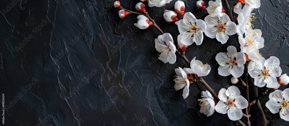 Leinwandbilder top view of apricot blossom against black backdrop ideal as a spring banner with copy space image