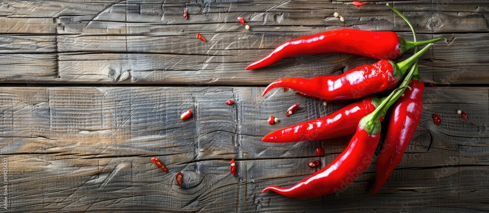 Poster chili peppers in bright red colors showcased on a rustic wooden surface with an instagram ready appe