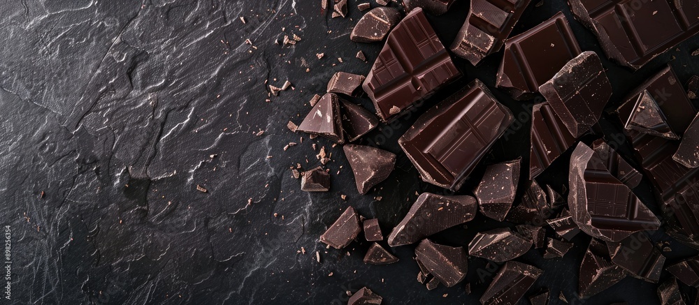Aufkleber dark chocolate pieces arranged on a dark table with copy space image