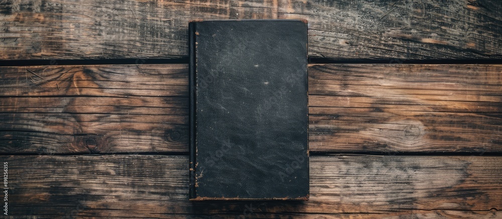 Poster book with a dark cover placed on a table made of wood with space available for copying images