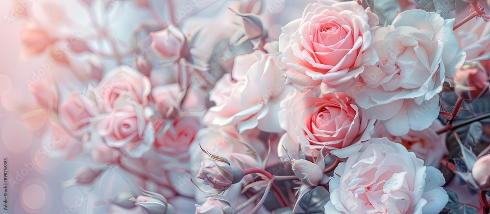 Poster delicate roses in full bloom decorate a festive background creating a pastel and soft floral card wi