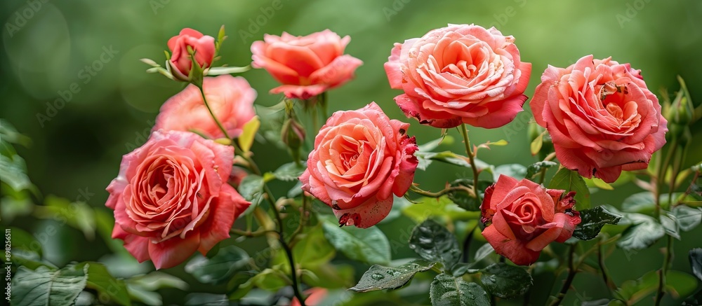 Poster blooming garden roses with a spotted red bud set against a green foliage background providing a visu