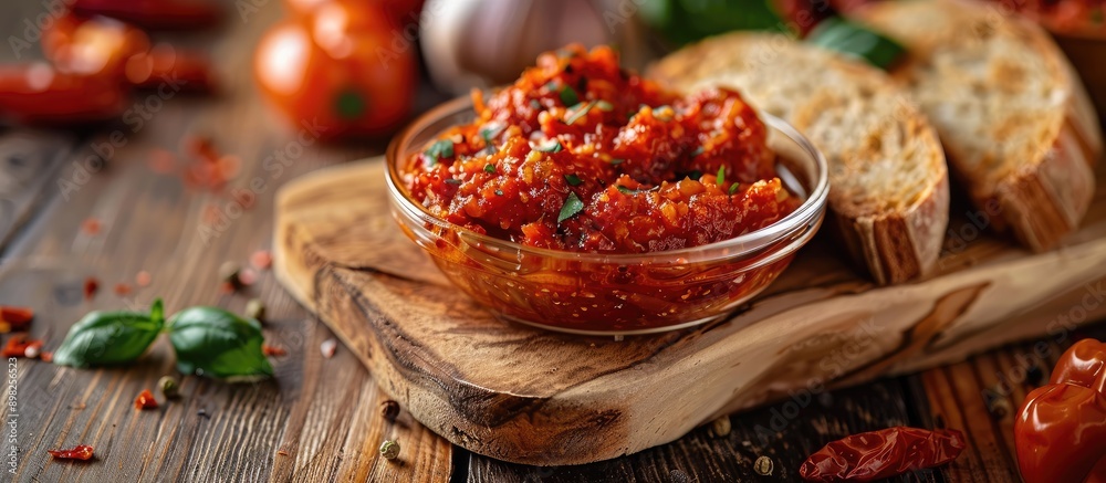Poster Ajvar in a transparent glass bowl with a spread on a slice of bread displayed invitingly for a photo with copy space image