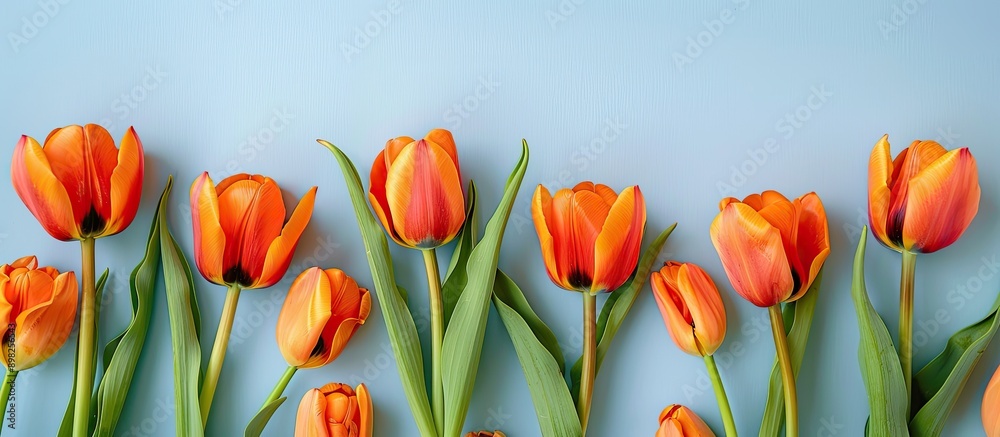 Poster Top down view of bright orange tulips arranged on a pale blue surface with a Spring theme creating a cheerful backdrop with ample room for additional content in the image
