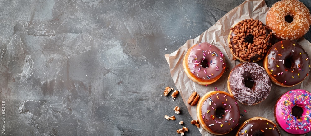 Poster Close up view of delicious donuts and nuts on a sheet of baking paper with copy space image