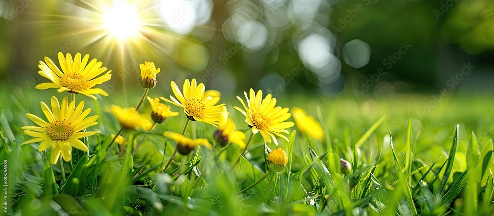 Poster bright yellow daisies blooming in the grass on a sunny summer day with a natural setting ideal for a