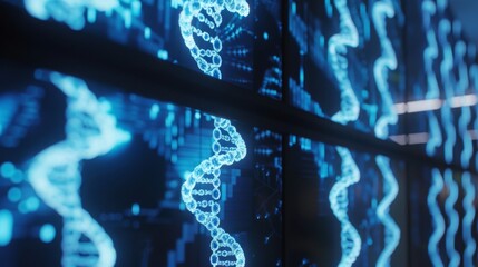Obraz premium High-definition DNA Helices Glow Blue in Modern Biological Laboratory, Focused on Genetic Research and Discovery