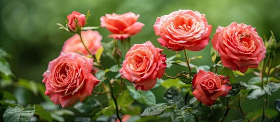 Fototapeta premium Blooming garden roses with a spotted red bud set against a green foliage background providing a visually appealing copy space image