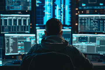 Hacker monitoring server room screens in the dark