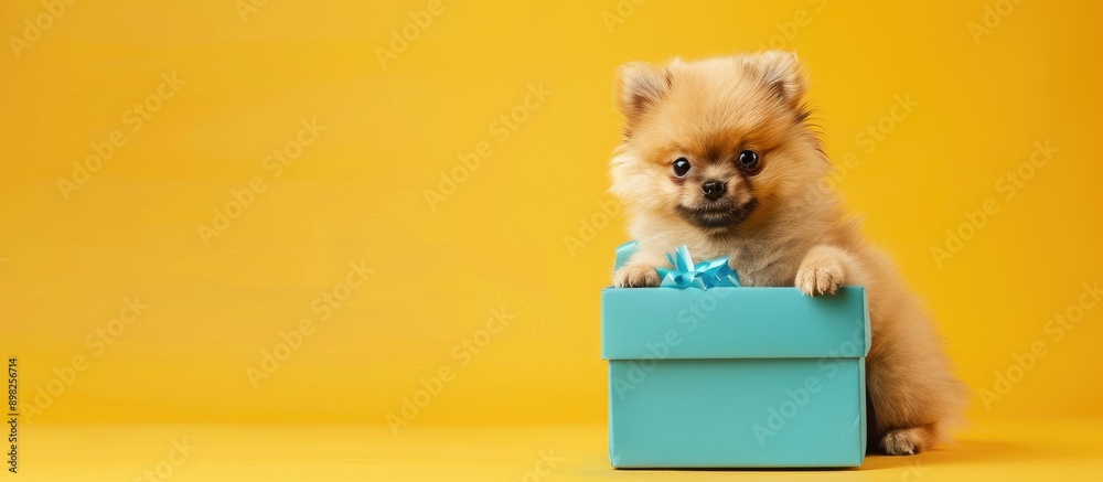 Poster a charming pomeranian puppy portrait gleefully seated in a blue gift box on a stylish yellow backdro