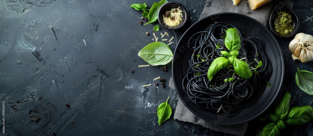 Aufkleber top view of black pasta spaghetti with squid ink pesto basil and cheese in a bowl on a dark backdrop