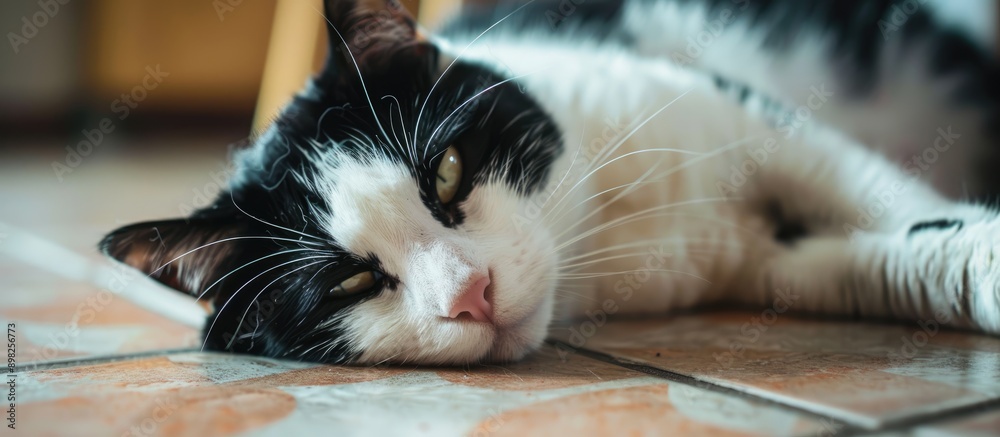 Poster Detailed close up image of a cat s black and white face resting on floor tiles with ample copy space image