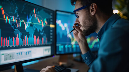 Man analyzes investment portfolio on computer screens in evening