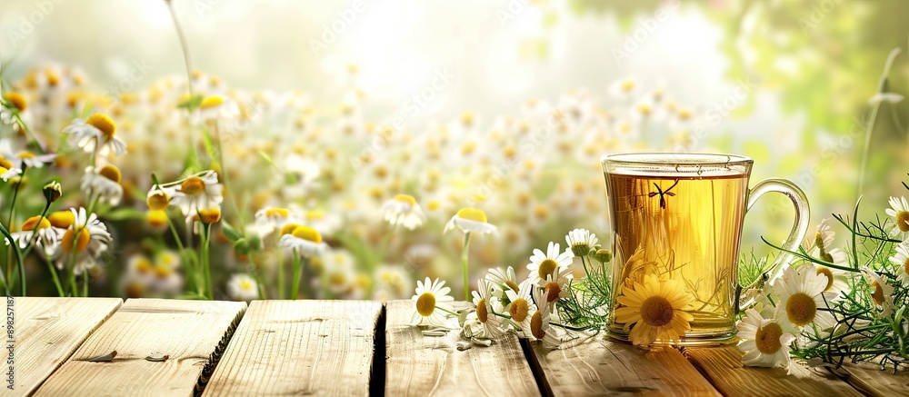 Poster Chamomile tea displayed on a clean wooden table with available picture space. Creative banner. Copyspace image