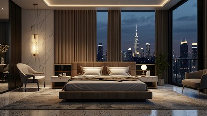 Modern style luxury interior with city view 3d render, There are terrazzo floor decorated wall with hidden light