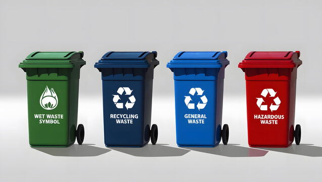 Various types of trash cans: green, yellow, blue, red, wet waste, recyclable waste, general waste, hazardous waste on white background.