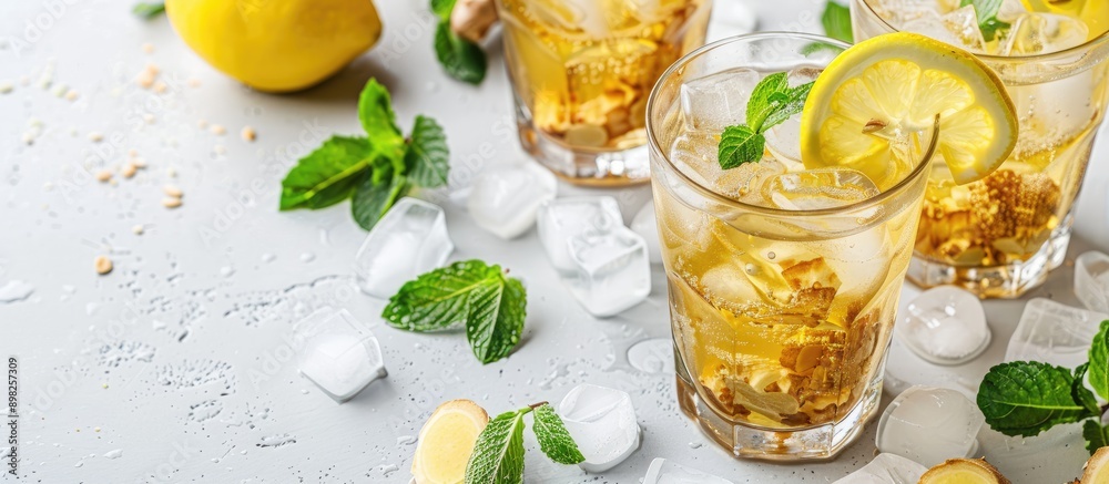 Poster closeup of delicious ginger ale in glasses with ice cubes and ingredients on a white marble table fe