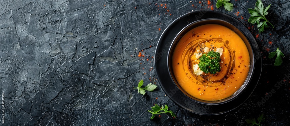 Aufkleber Top view of a classic pumpkin soup presented on a dark slate table with ample copy space image