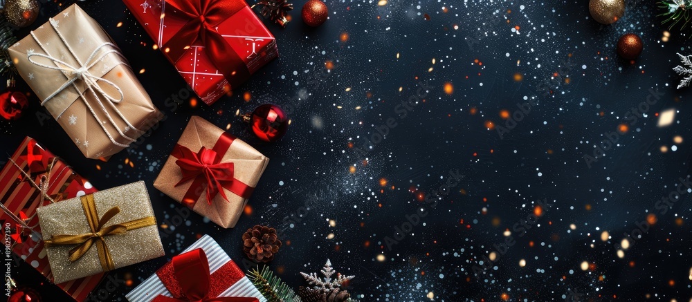 Poster a background banner featuring a box filled with beautifully wrapped christmas gifts with available s