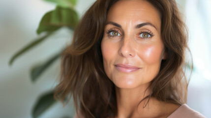 Woman with natural makeup posing indoors with blurred green plant background