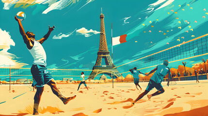 Obraz premium Beach Volleyball: An illustration of players diving for the ball on a sandy court with the French flag flying and the Eiffel Tower in the background on a turquoise background.