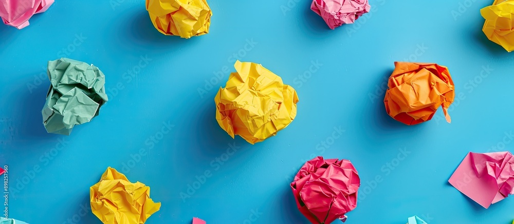 Leinwandbilder a close up top view of three color sets of yellow pink and orange stickers placed in the center agai