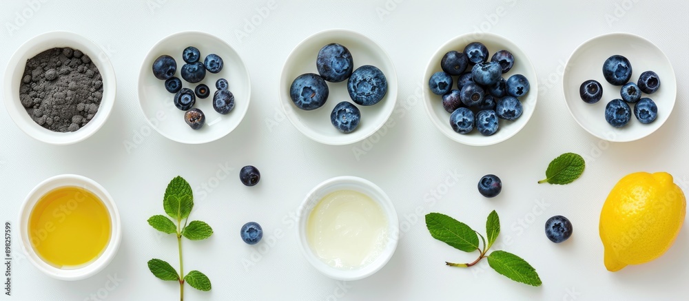 Poster blueberry tarts ingredients arranged on a white background for a minimalistic copy space image