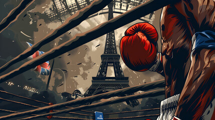 Boxing: An illustration of a boxer in the ring with the French flag on their gloves and the Eiffel Tower seen through the arena's roof on a grey background.


