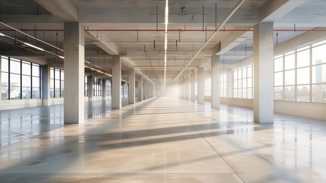 Spacious empty industrial warehouse with large windows, concrete columns and floors, and abundant natural light flowing through.