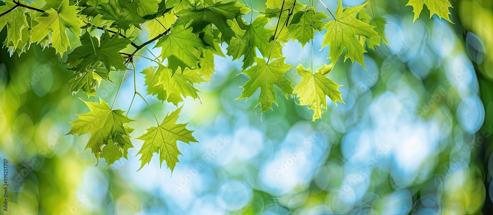 Aufkleber Close up of maple tree branches during summer featuring green leaves and seeds against a summery backdrop ideal for a copy space image
