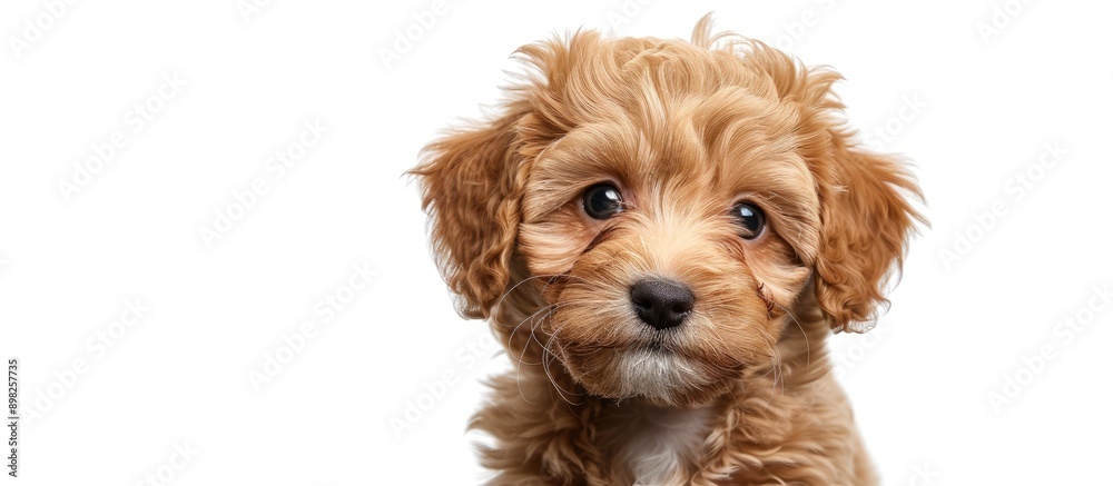 Poster Adorable Brown Maltipoo puppy isolated on a white background with a happy and funny expression suitable for advertising with ample copy space image