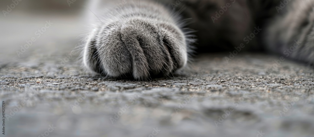 Poster Close up image showing a gray cat s paw on a cement floor with copy space