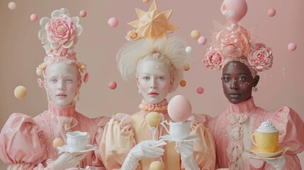 Fototapeta premium Three women stand before a wall adorned with balloons and confetti