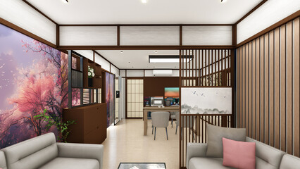 Interior Design of a Japanese style living room with woodwork and false ceiling