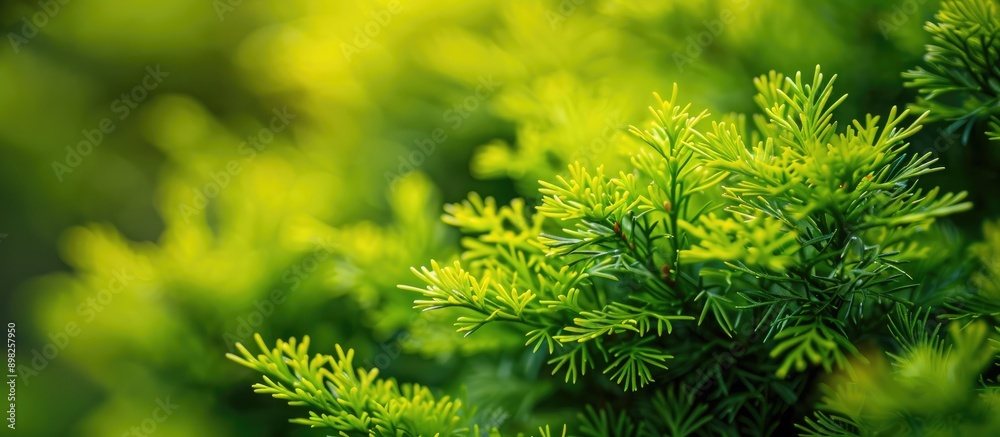 Poster close up image of the vibrant yellow green foliage of thuja occidentalis smaragd with selective focu