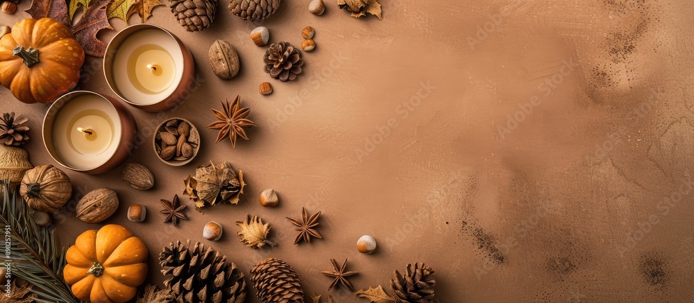 Fototapete Craft paper background with autumn themed items like candles walnuts and cones arranged in a flat lay view for Fall and Thanksgiving concepts featuring copy space image