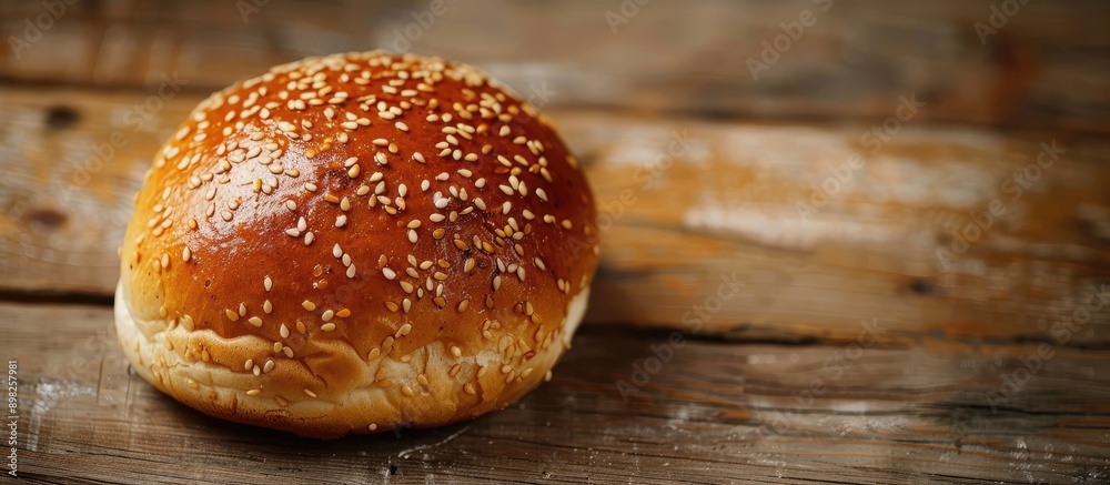 Poster Bun topped with sesame seeds against a rustic wooden backdrop ideal for a copy space image